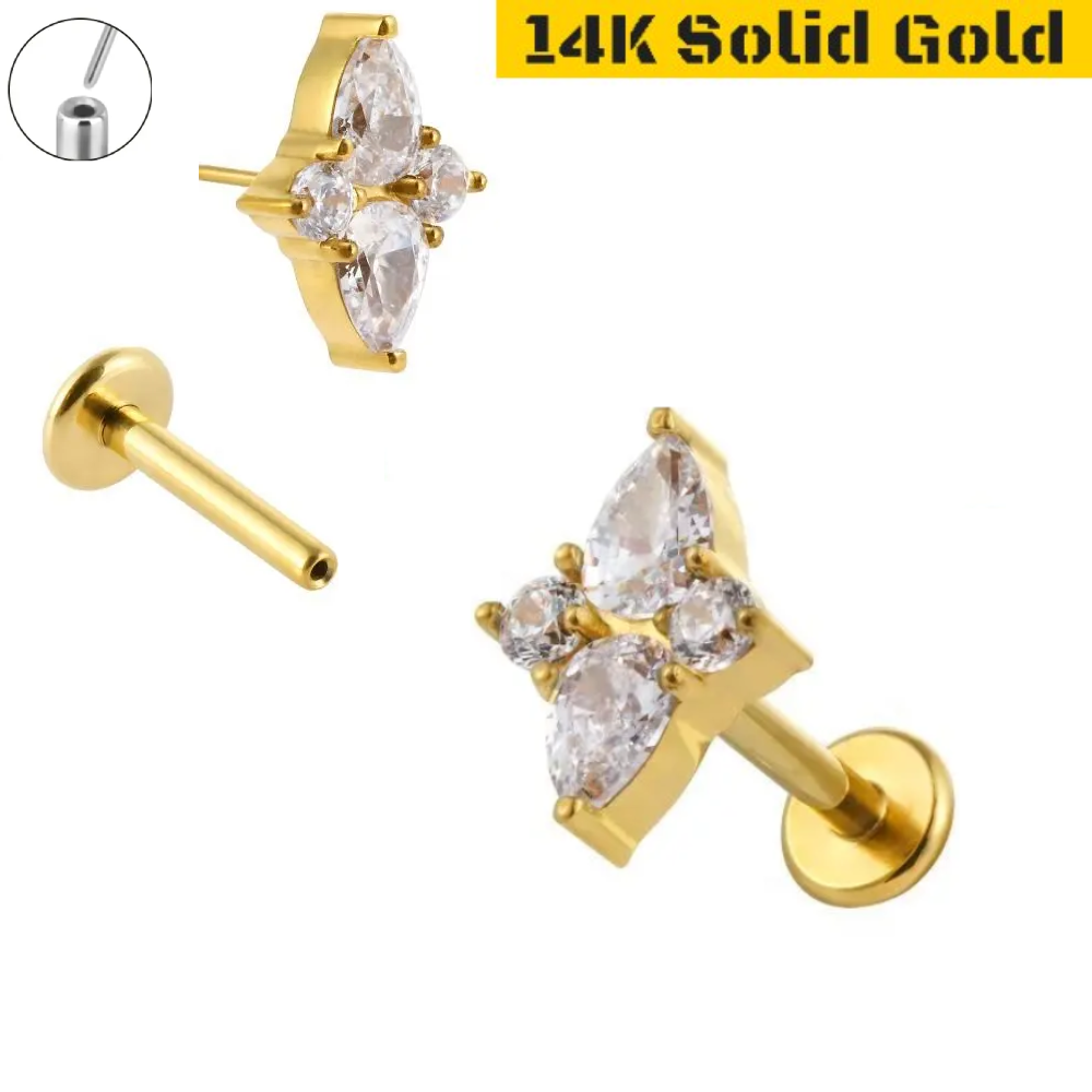 14 Karat Quad Crystal Labret Stud